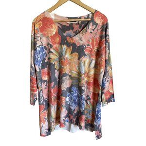 Soft Surroundings Size Large Orange Gray Blue V-Neck Knit Tunic Top Rayon Blend